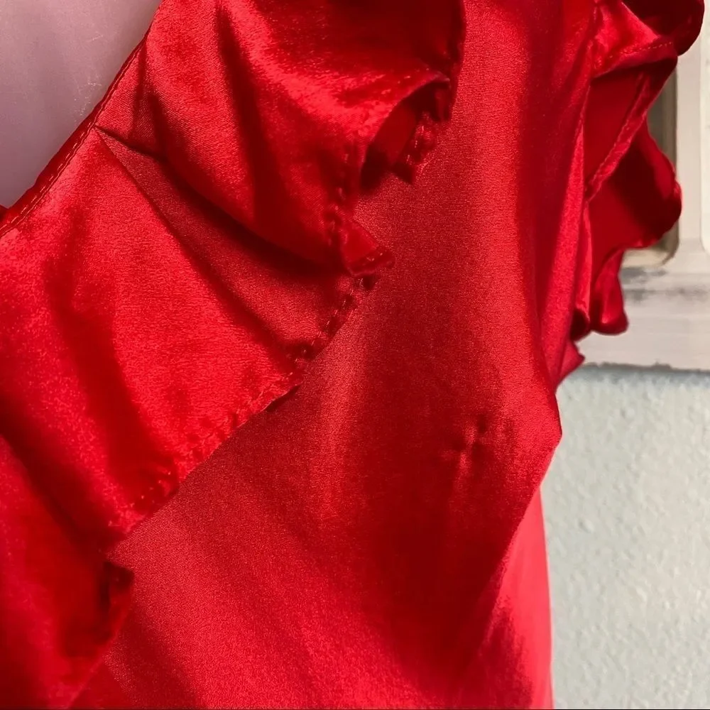 RED SILK DRESS Pure Silk 100% with Ruffles Size 8 Medium - Picture 7 of 14